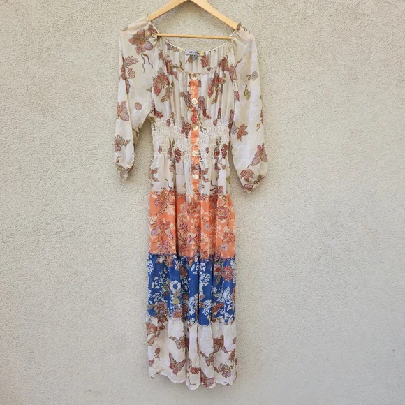 FIG & FLOWER Maxi Dress Women's Large Petite Prarie Tiered Chiffon Boho Puff Slv - Picture 2 of 14